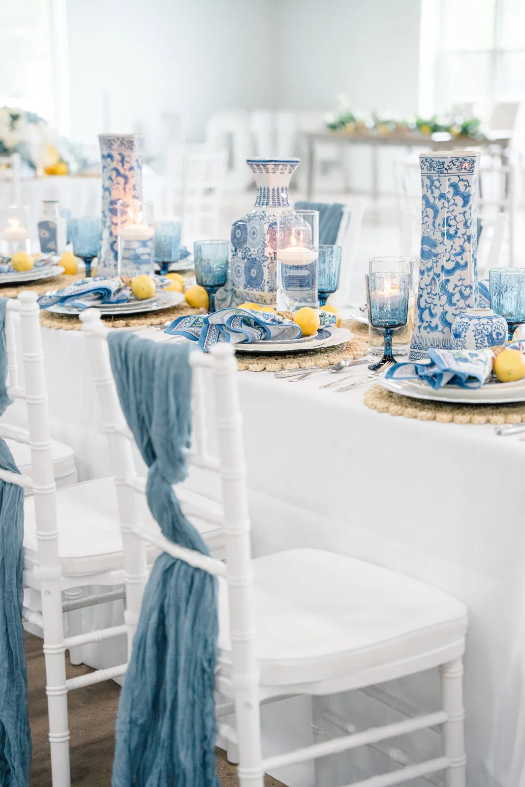 A reception table dressed in blue and white