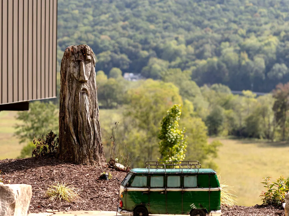 The fire pit at Lost in the Woods, the valley beyond it