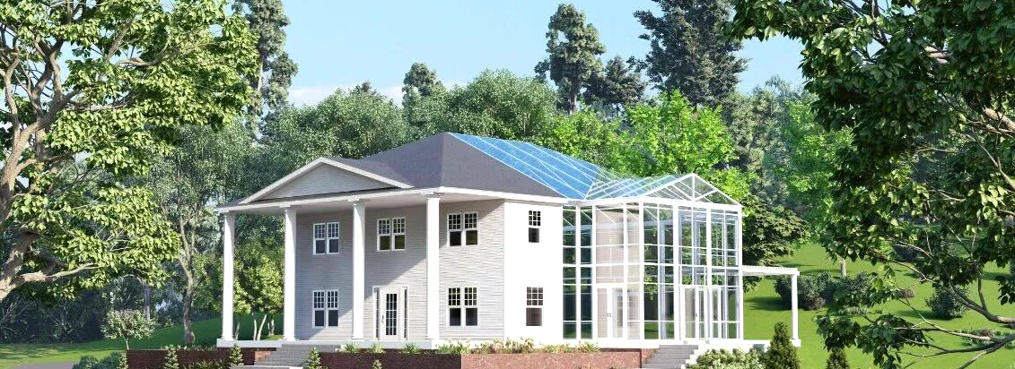 The conservatory, glass on three sides, as drawn