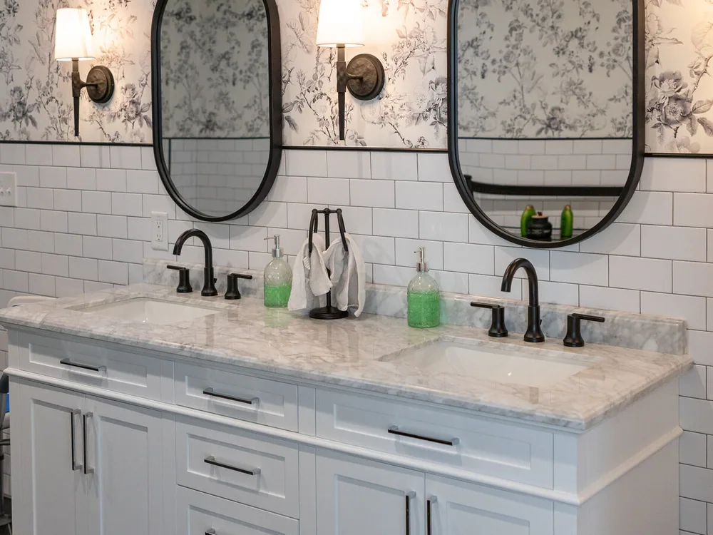 A vanity with twin mirrors, in the Lodge